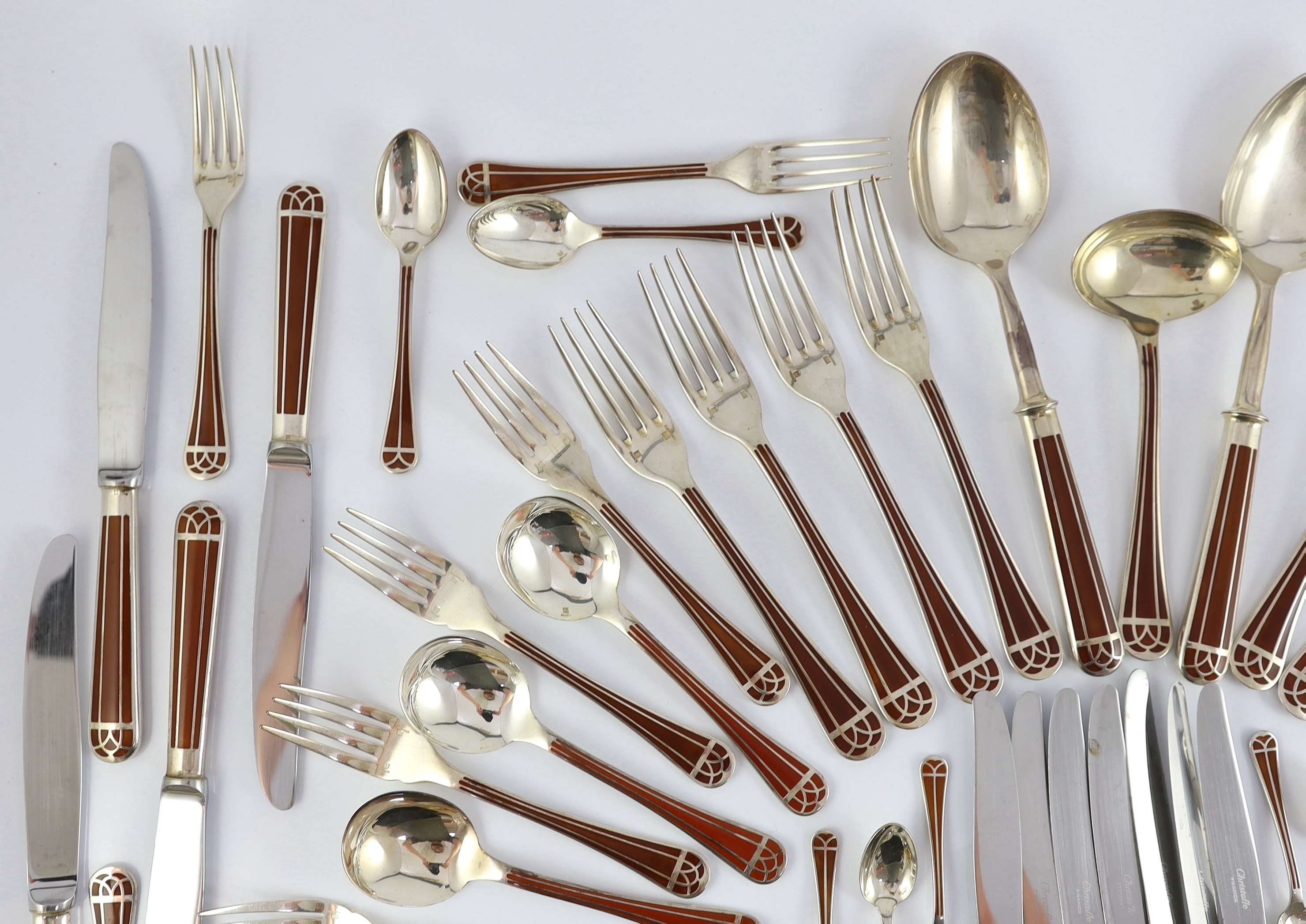 An almost complete canteen of modern Christofle silver plated and Chinese brown lacquer Talisman pattern cutlery for eight, designed by Bernard Yot